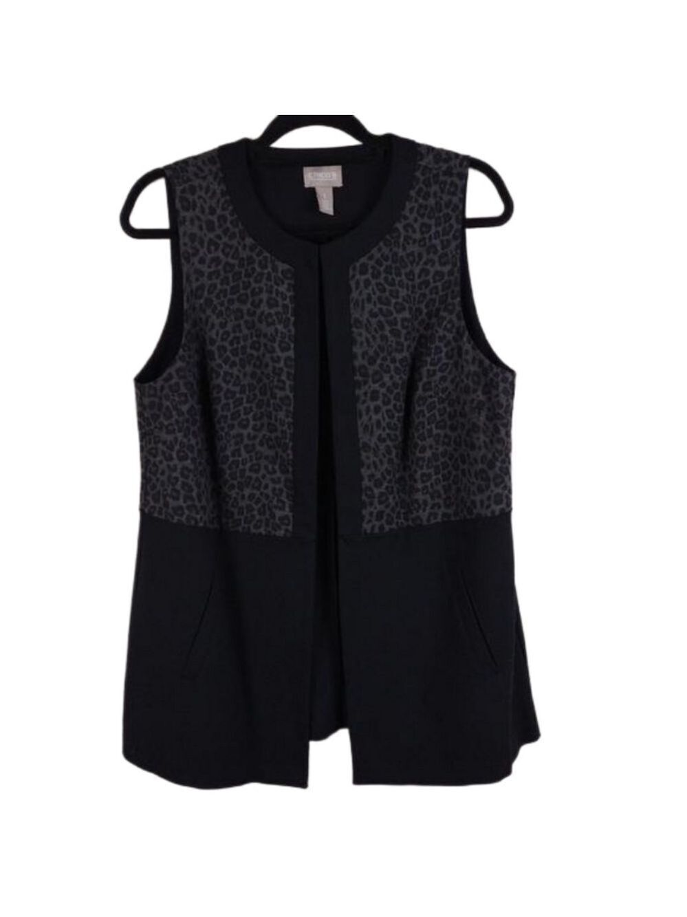 Chico's Black Leopard Print Round Neckline One Button Sleeveless Cardigan Vest